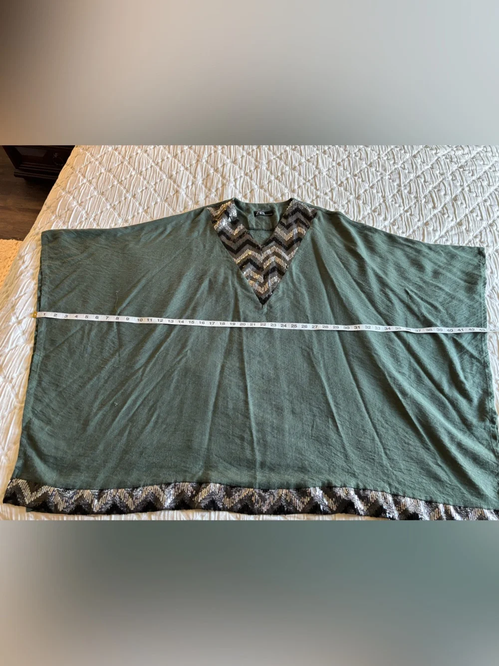 Zara Collection Sequin Chevron Caftan Tunic Poncho‎ Sage Green Oversized